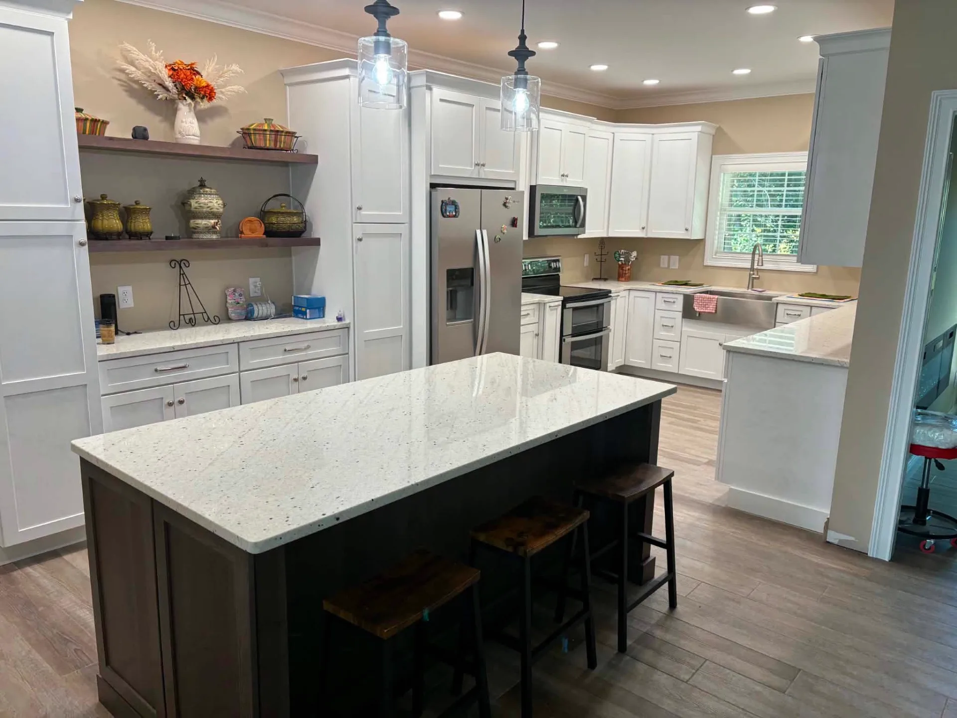 Painted Perimeter, Walnut Island — Kitchen cabinetry installed by Howard's Cabinet Installation